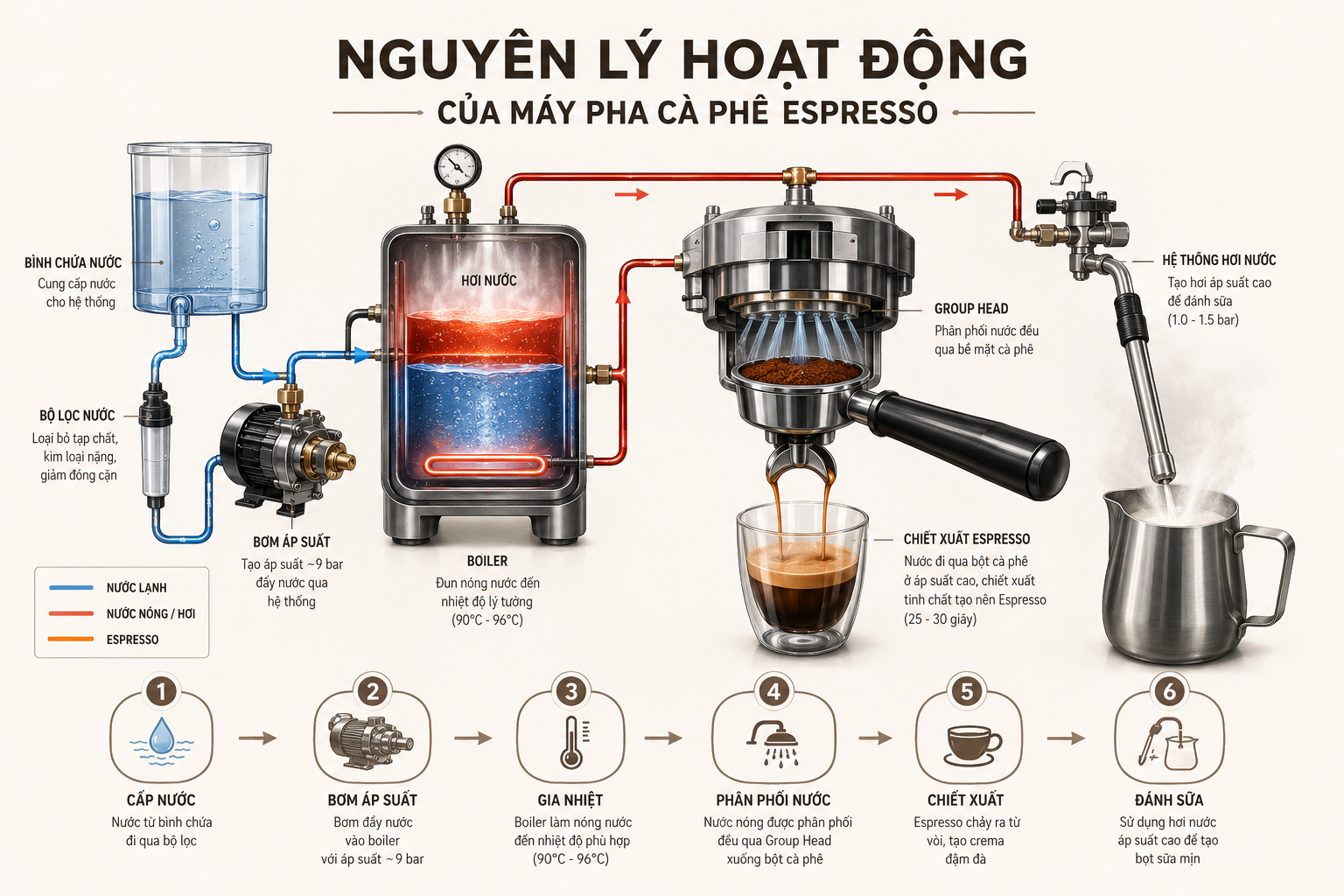 May pha cà phê là gi? Nguyên lý hoạt động của máy pha cà phê
