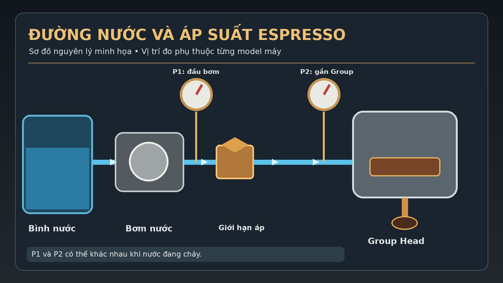 Sơ đồ áp suất 9 Bar trong máy pha cà phê từ bơm đến Group Head