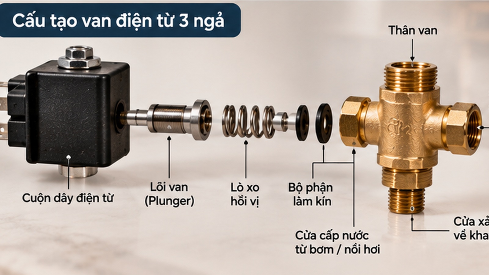 Cấu tạo van điện từ 3 ngả trong máy pha cà phê gồm cuộn dây, lõi van và ba cửa nước