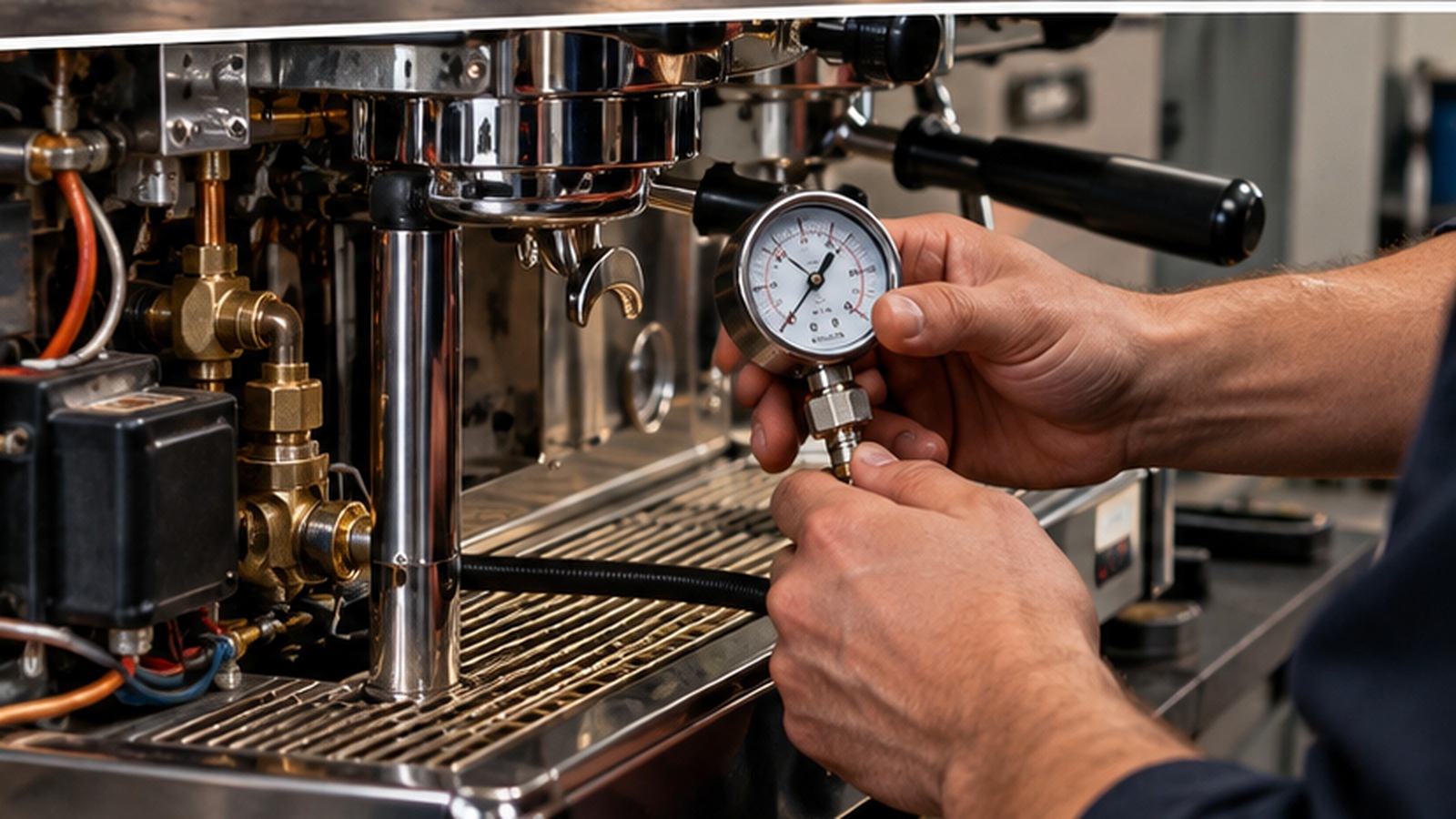 Kỹ thuật viên kiểm tra áp suất van OPV trong máy pha cà phê Espresso
